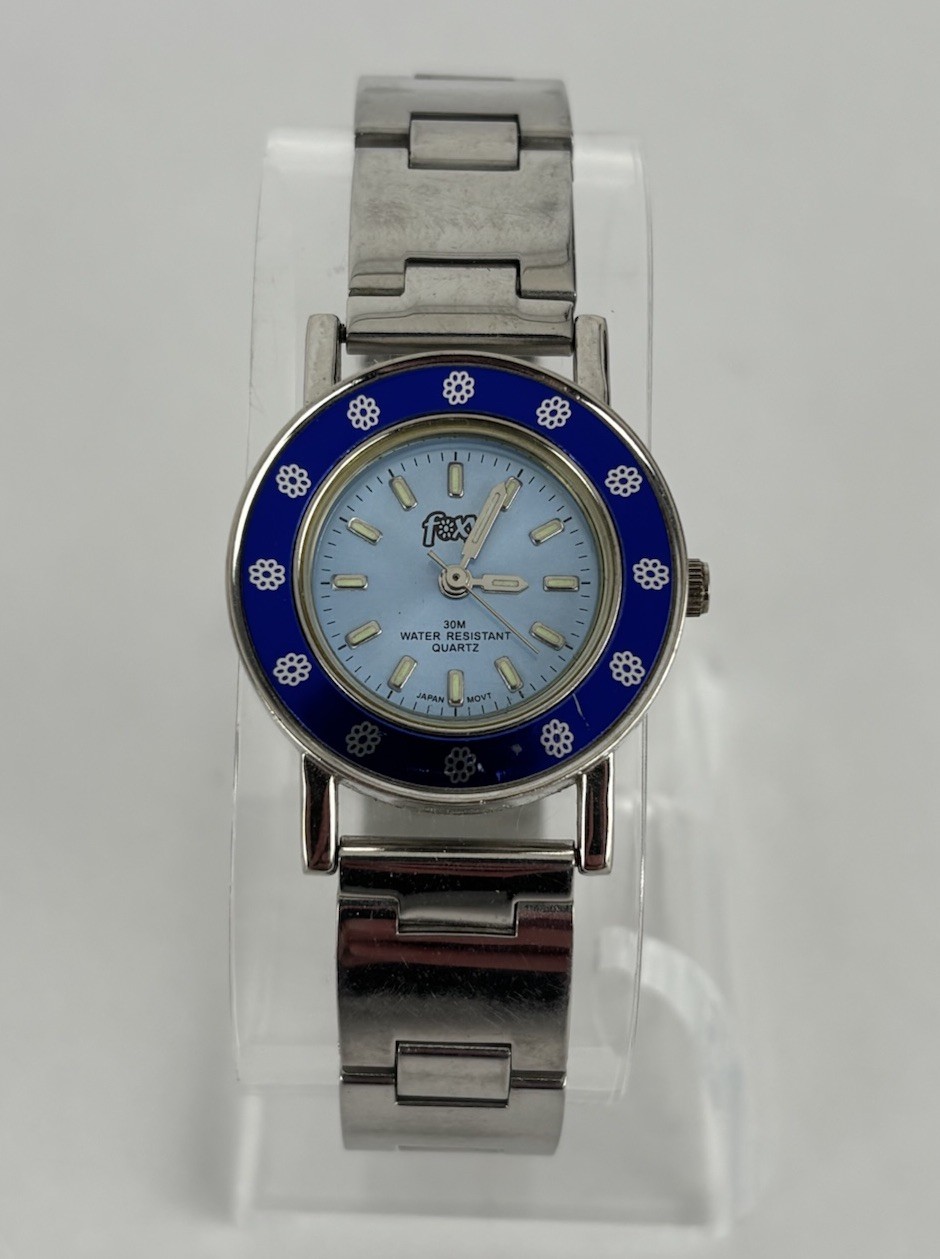 Foxy 28mm Silver Tone Blue Bezel-Dial Quartz Watch w/Bracelet & New Battery
