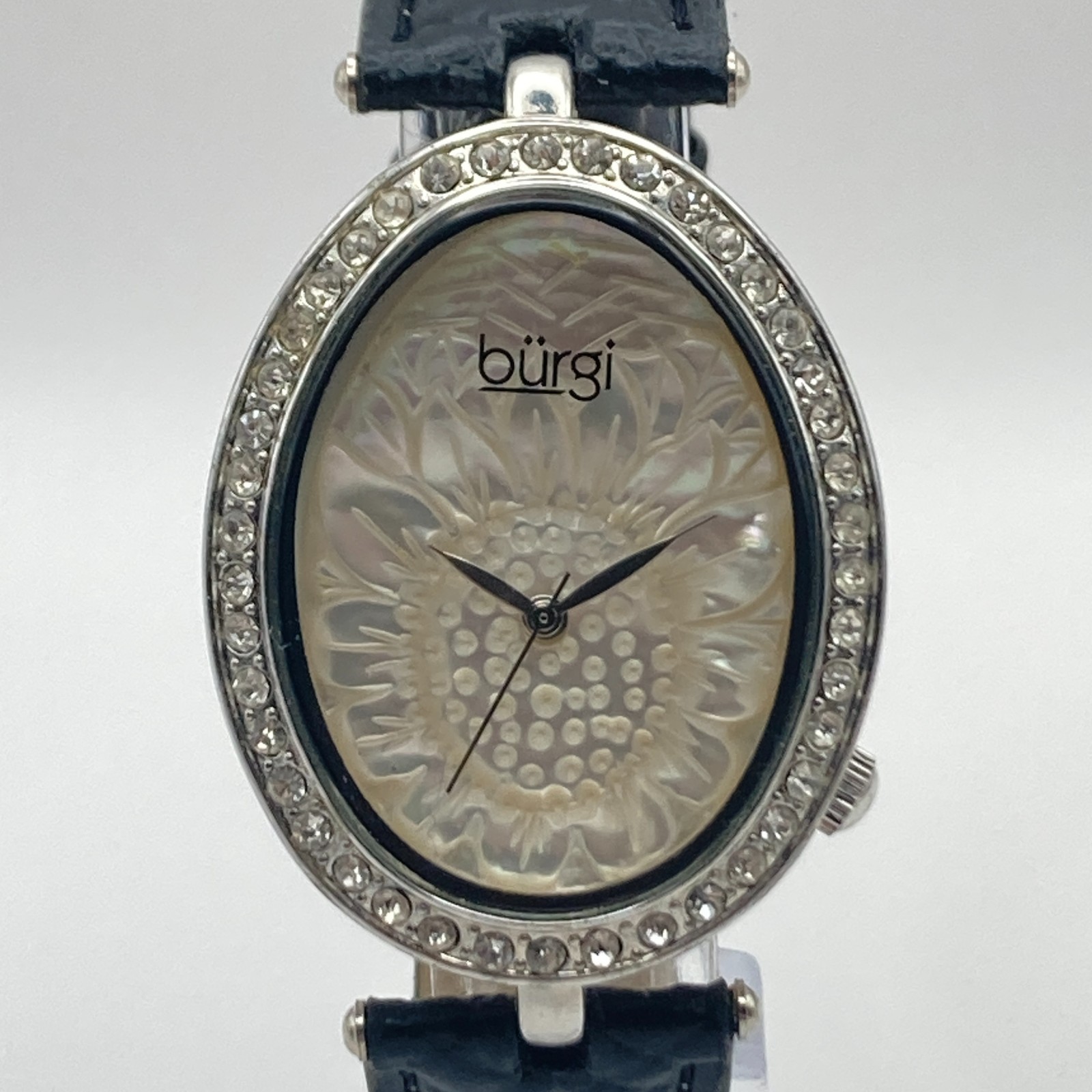 Burgi Women’s Watch Silver Tone Crystals Floral Dial 33mm Oval New Battery 8.75″