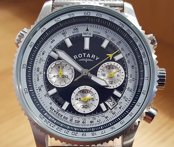 Mens Silver Milanese Bracelet Rotary Blue Face Chrono Slide Rule Pilot Watch NEW
