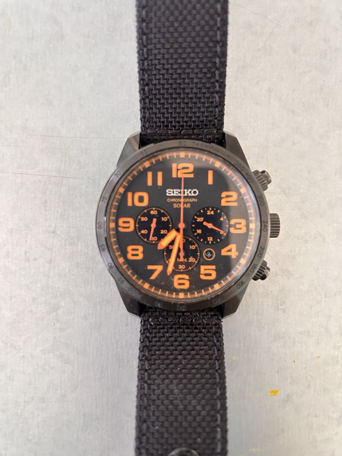 Seiko Chronograph Solar Quartz Chronograph WR100 Black/Orange Dial 42mm Strap