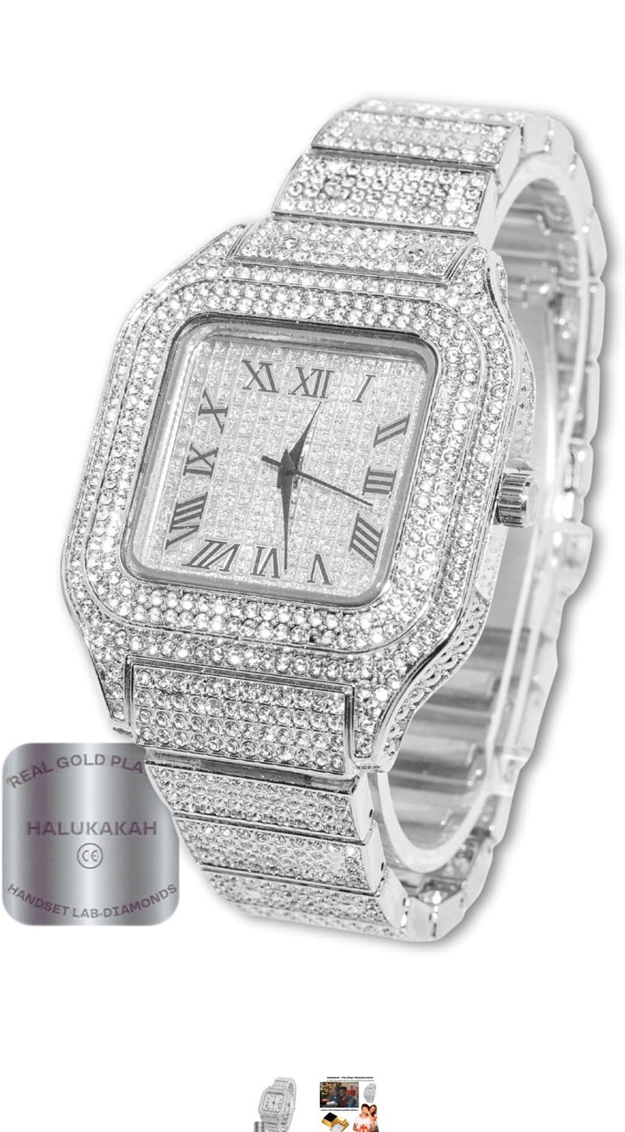 Halukakah The King Diamond Watch Gold Plated Lab-Diamonds Luxury Square Analog