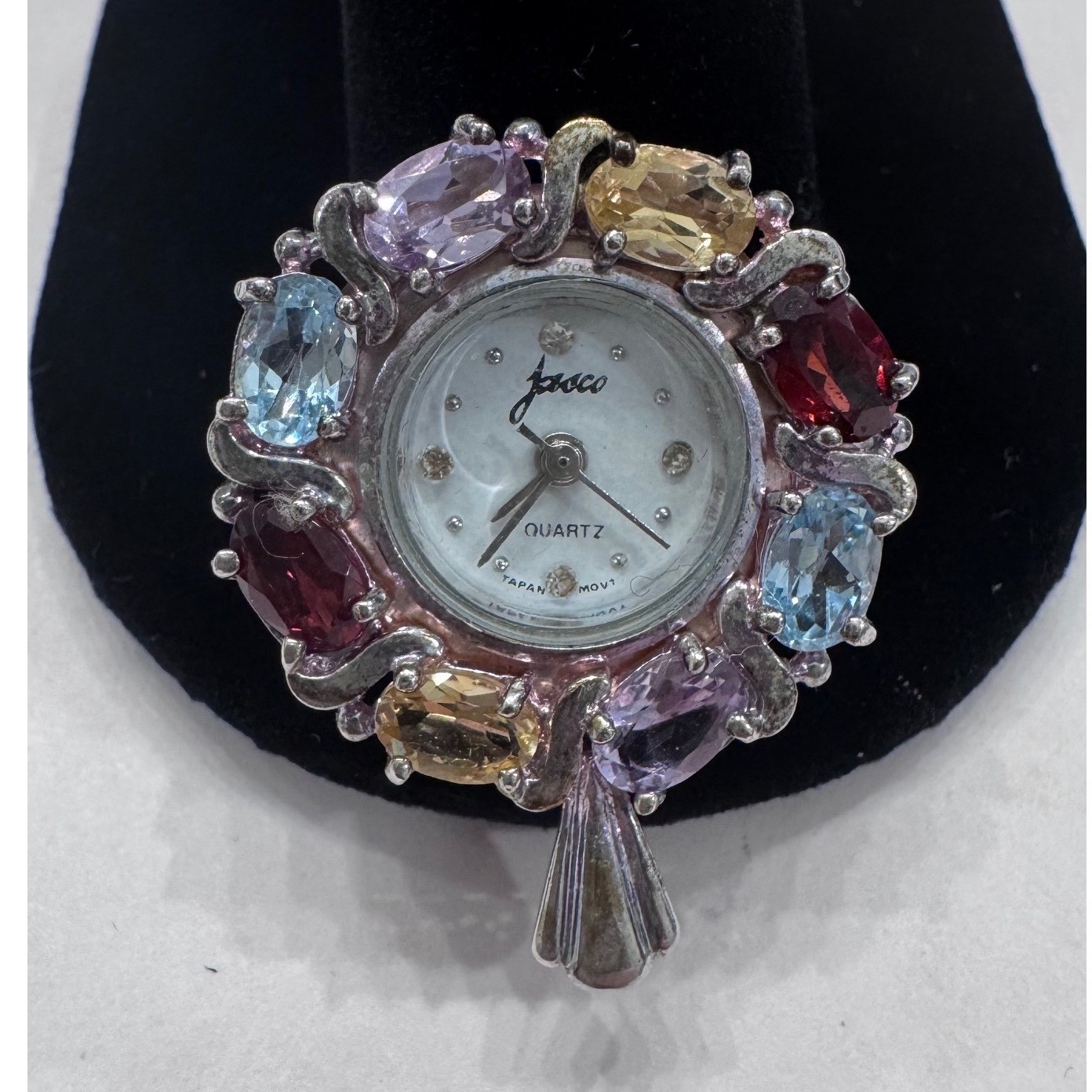 Vintage Jayco Time Quartz Pendant Watch Multicolored Gemstone Sterling Silver