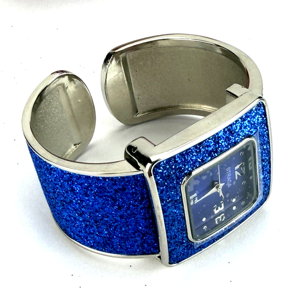 Strada Blue Stardust Watch Set w Glitter Cuff Bracelet and Gift Box NEW BATT