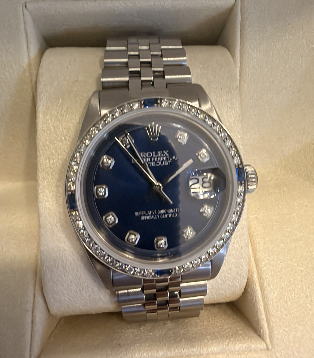 Rolex Datejust 36mm Blue Dial Natural Diamond and sapphire bezel jubilee band