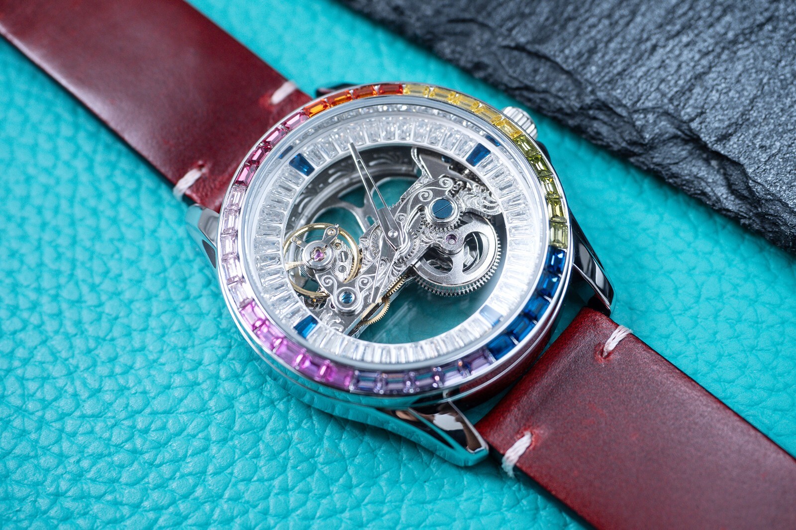 Mens Silver Automatic Mechanical Watch Bridge Rainbow Cubic Oil Waxed Dark Red