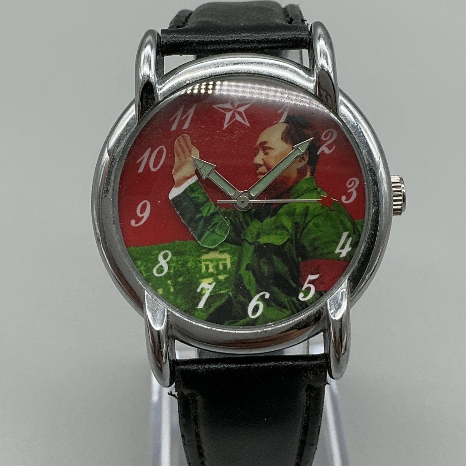 Chairman Mao Zedong Mens Watch 36mm Red Green Silver Tone Leather Manual Wind