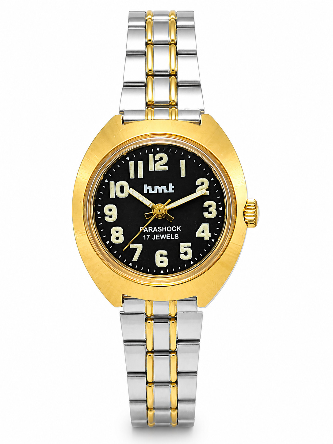 HMT Women’s Watch Black Dial Gold Bezel Two Tone Strap Paras hock 17 Jewels