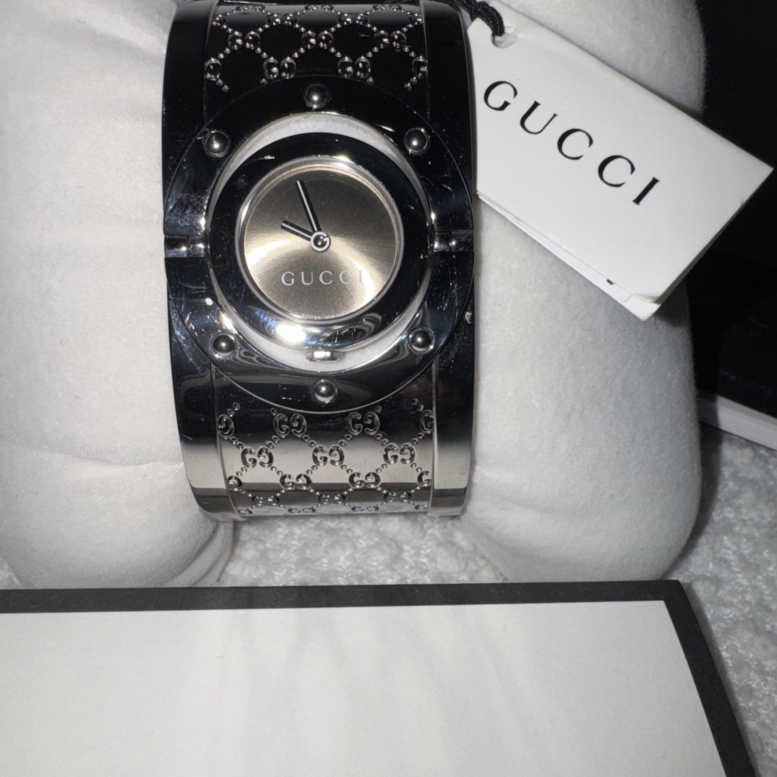Gucci Twirl GG Brown Dial Silver Bangle Watch YA112401