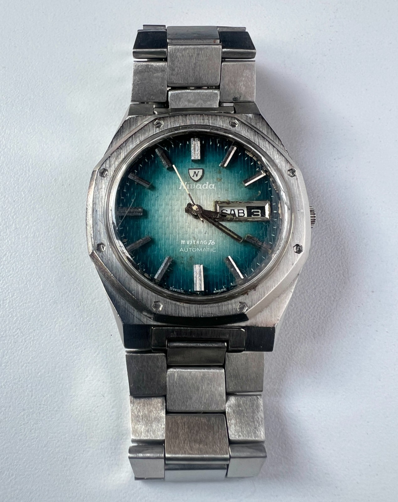 Nivada Grenchen F77 Automatic Watch Royal Oak Mustang 76 Vintage Mens Green Dial