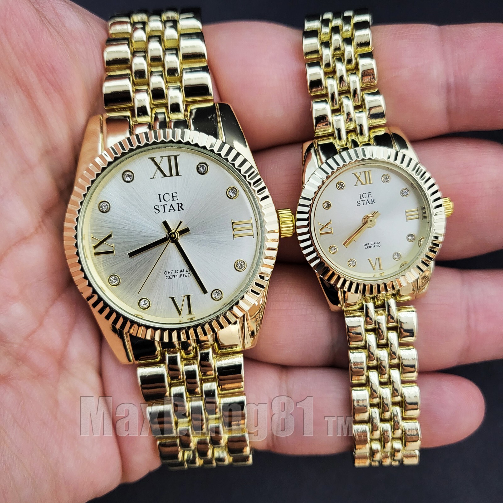 Gold Plated Luxury Style Dress Metal Wrist Couple Bling Fashion Watch Gift Set