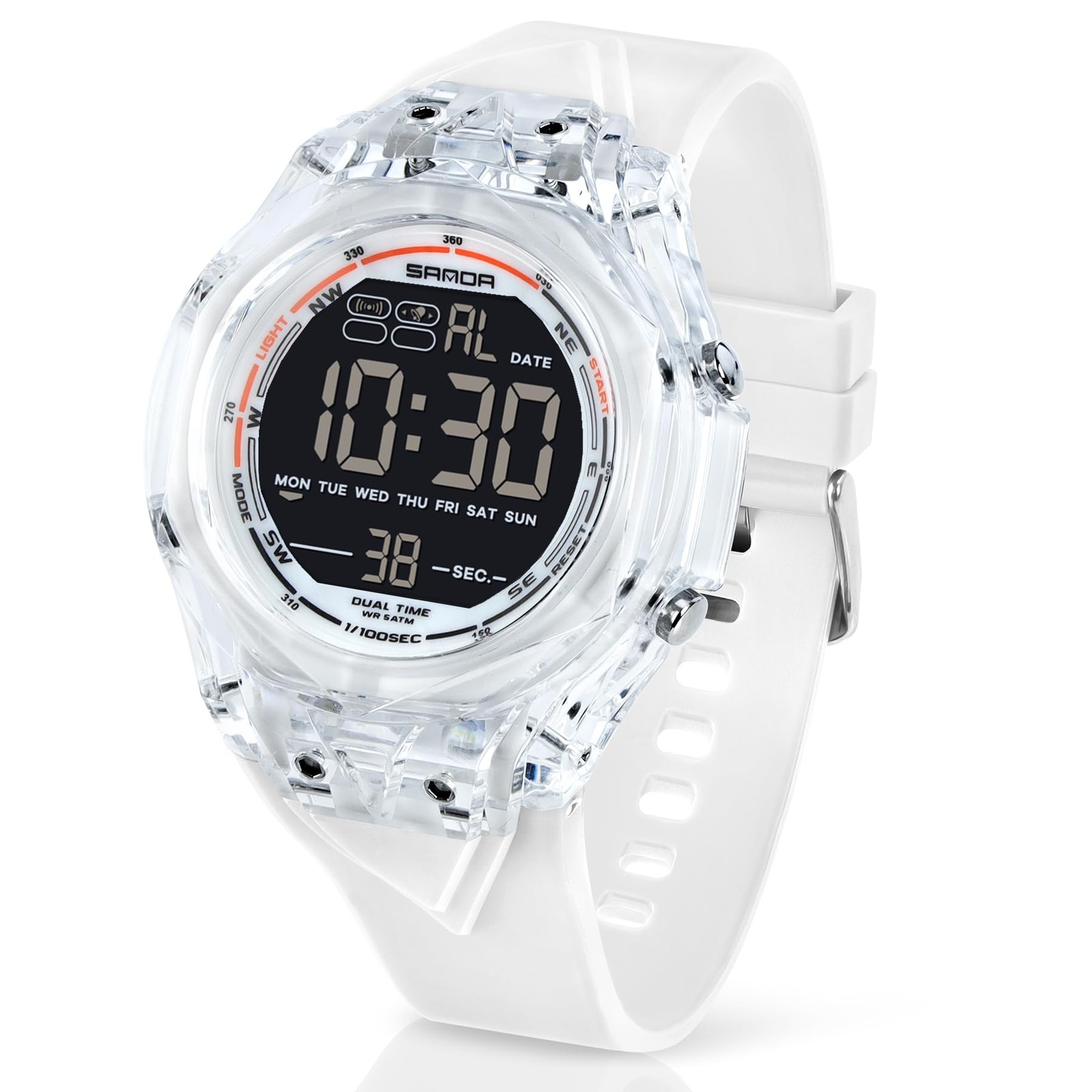 Mens Digital Sport Clear Watch Transparent Case Waterproof Alarm Stopwatch White