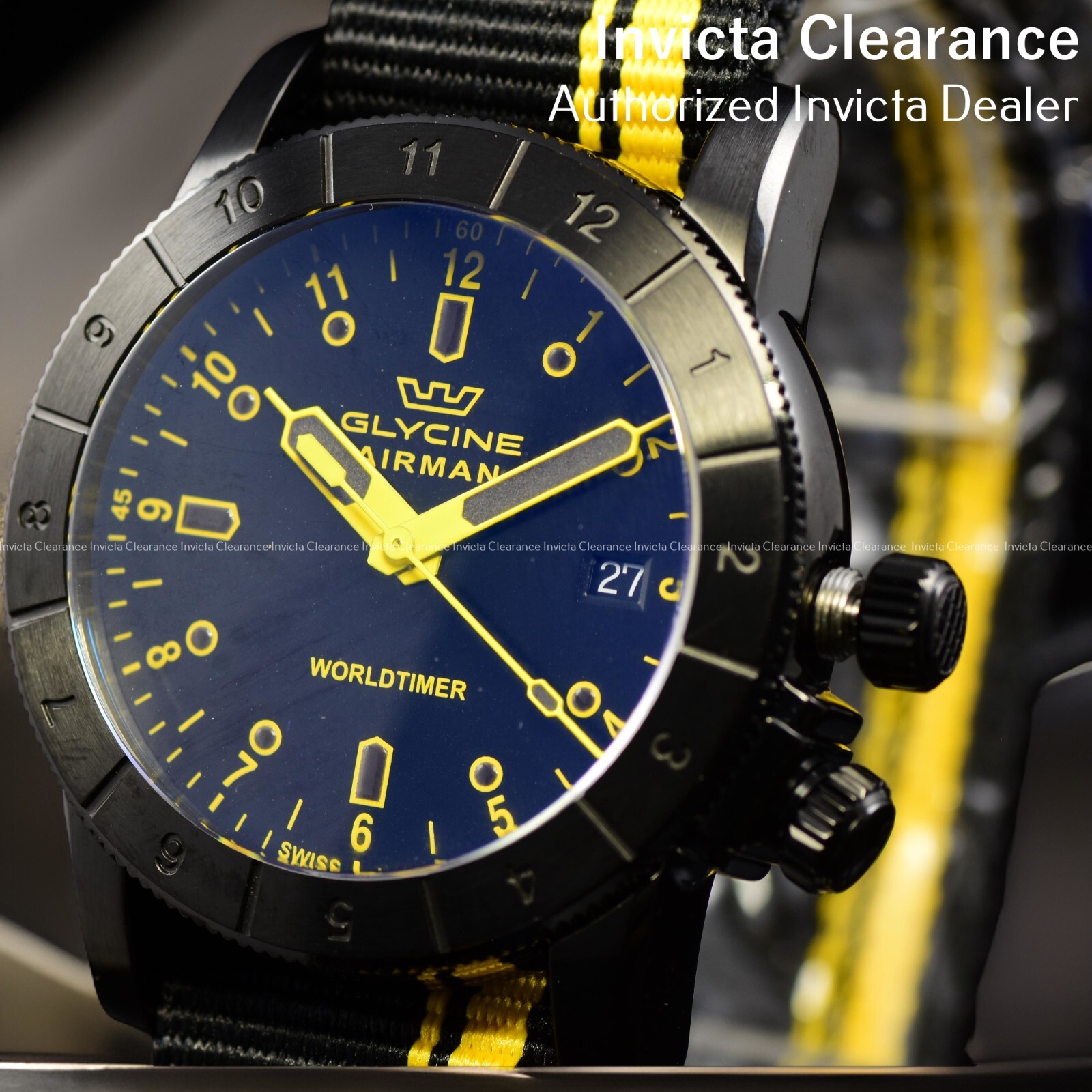 GLYCINE Men’s AIRMAN Worldtimer Black Dial Fabric Straps Swiss Watch 42mm