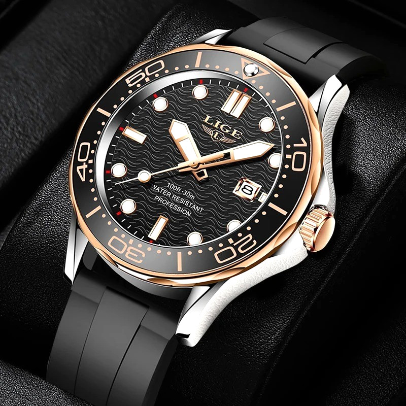 44MM LIGE Luxury Quartz Watch Men’s Diver Silicone 30M Waterproof Luminous NEW