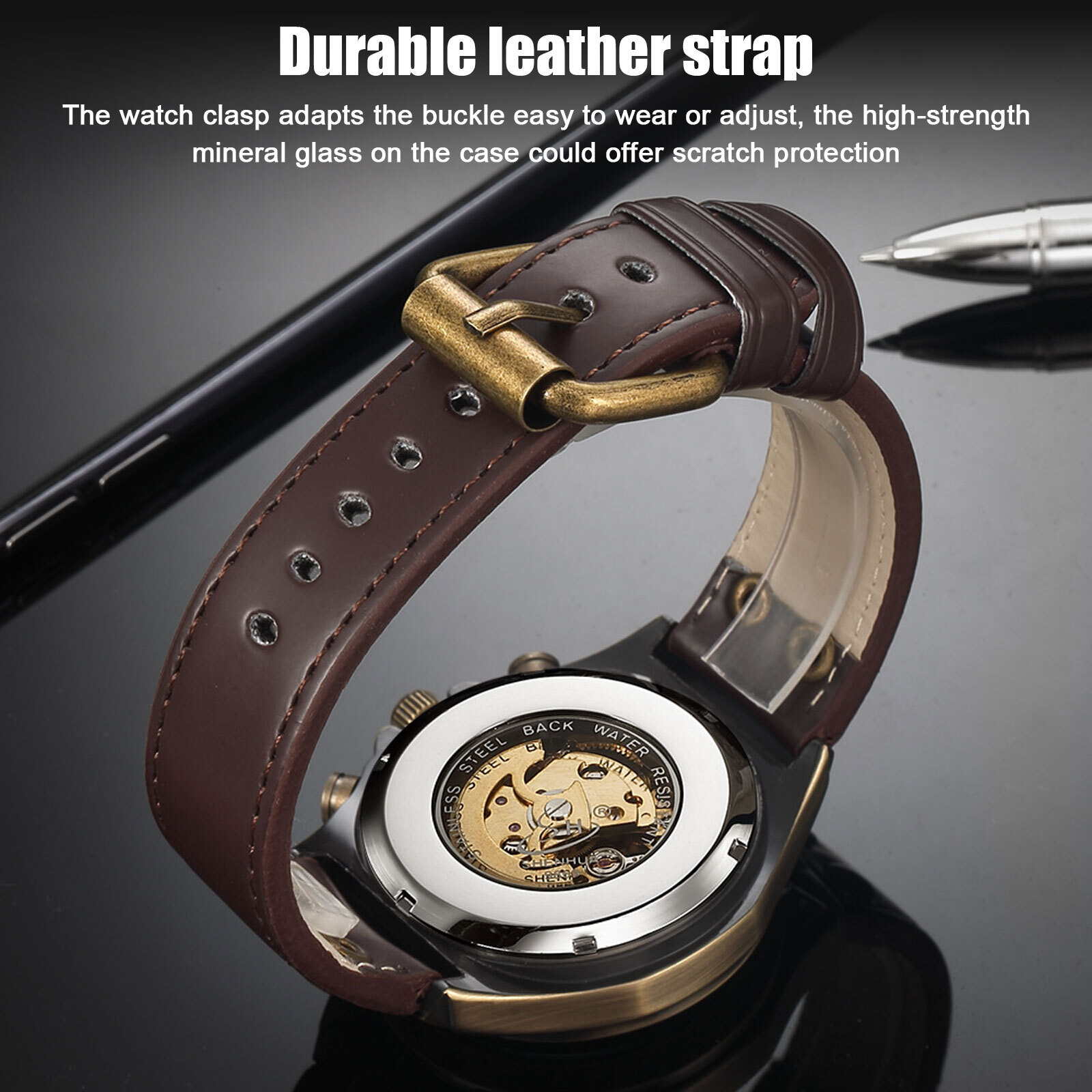 Luxury Men’s Automatic Mechanical Wrist Watch Leather Strap Retro Skeleton Dial