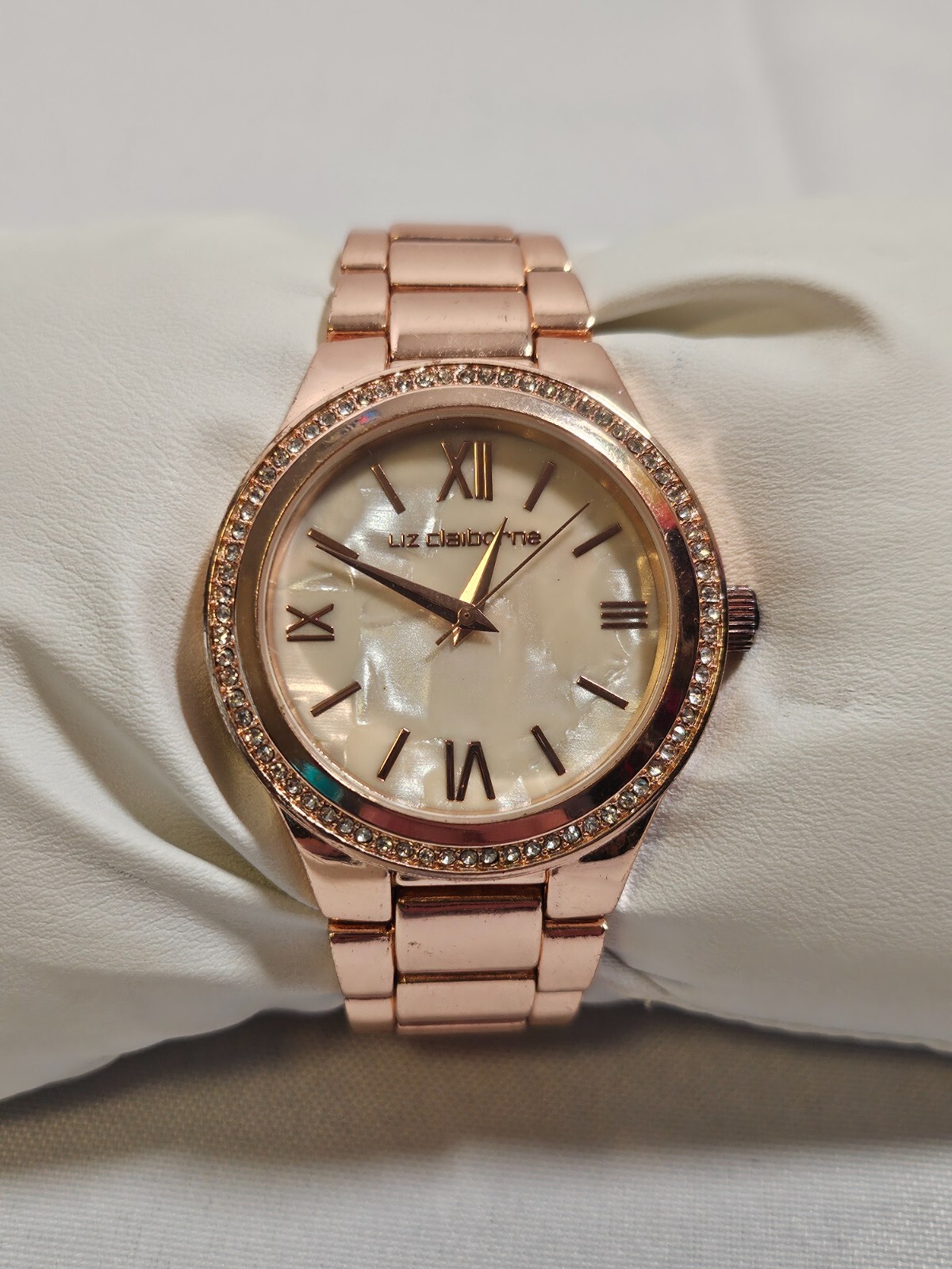 Liz Claiborne Ladies Gemmed Quartz Watch 38mm Round Rose-Gold Tone Band MOP