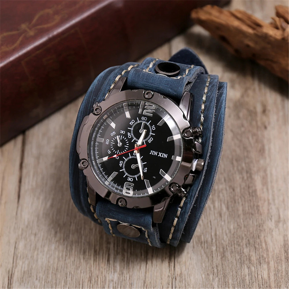 Black Brown Blue Men Pointer Quartz Watch Genuine Leather Strap Bracelet Vintage