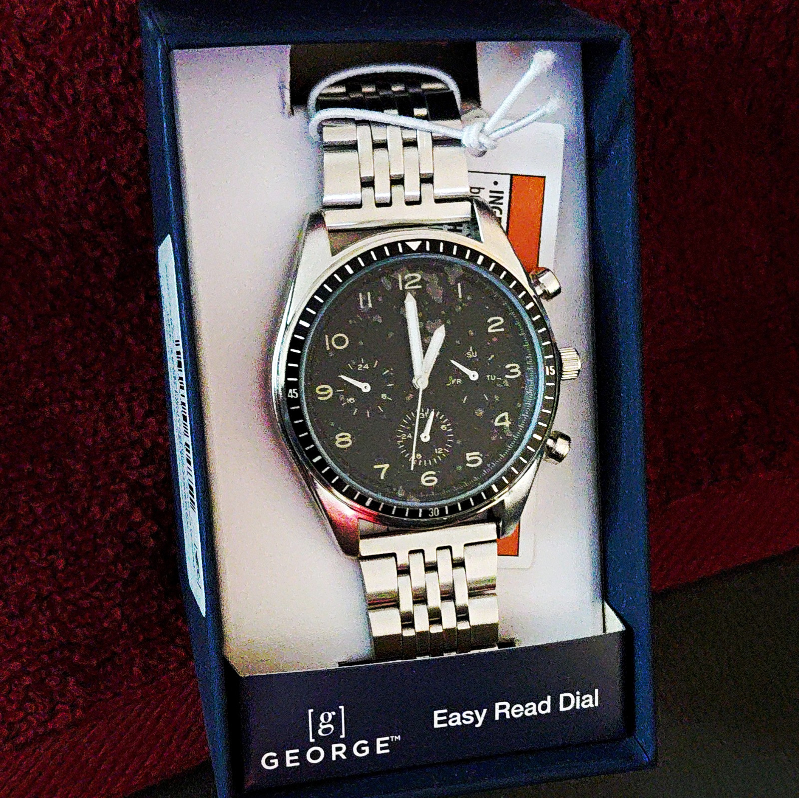 George Men’s Quartz Analog Watch Black Dial Arabic Numerals Silver Bracelet Box