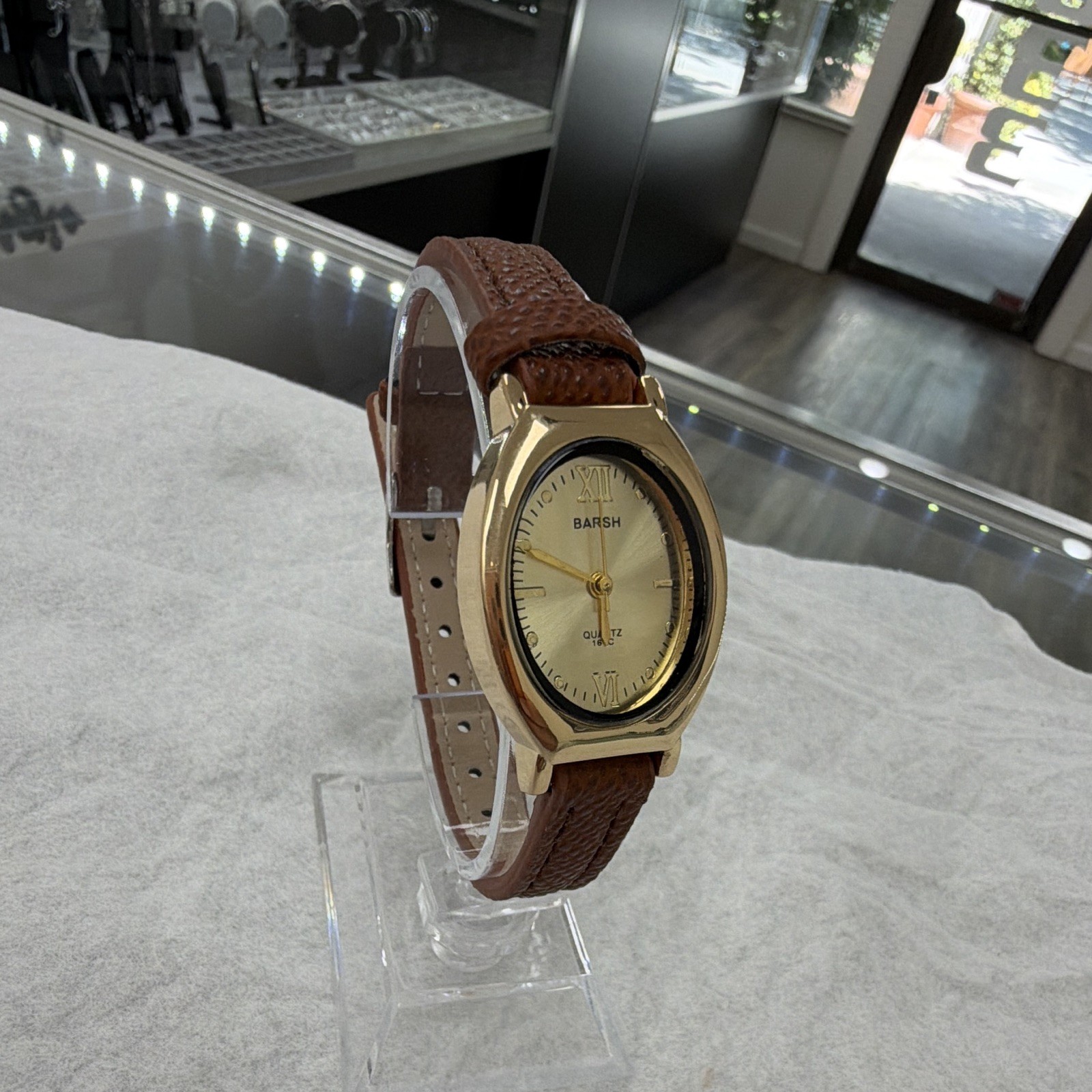BARSH Quartz Analog Dress Wristwatch Gold Tone Case Brown Leather Strap Roman