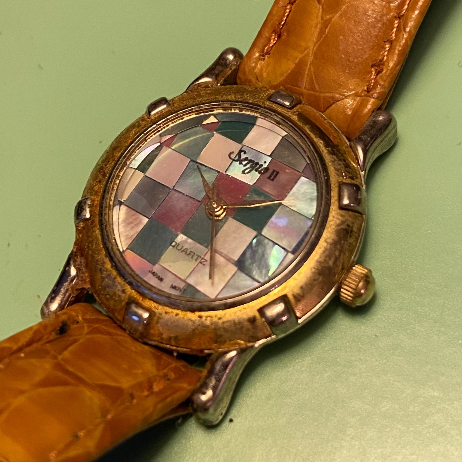 Sergio Valente Watch Pearl Opal Dial Women 26mm Gold Tone Stone Works!