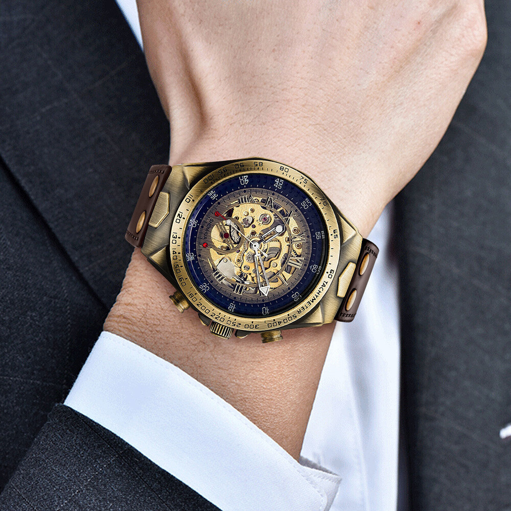 Luxury Men’s Automatic Mechanical Wrist Watch Leather Strap Retro Skeleton Style