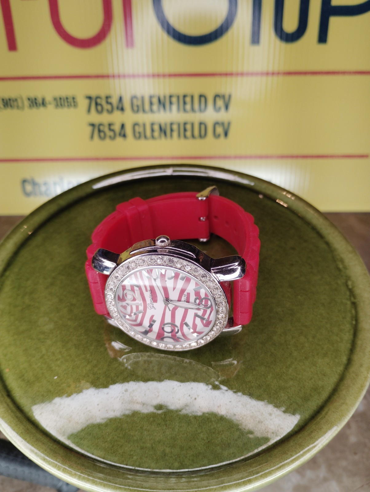 Red Zebra Pattern Watch with Rhinestone Bezel