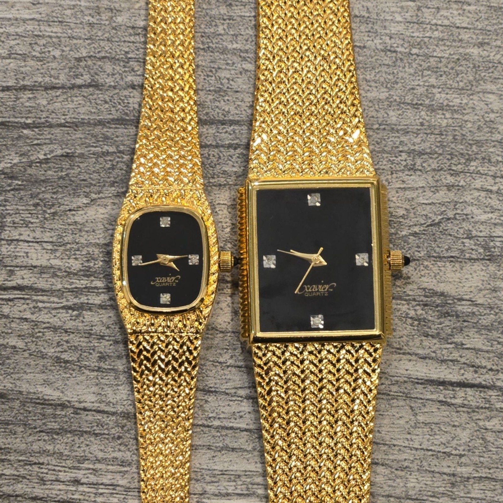 Vintage Xavier Quartz Watch Pair Men’s & Women’s Diamonds Swiss 80’s Gold Plate
