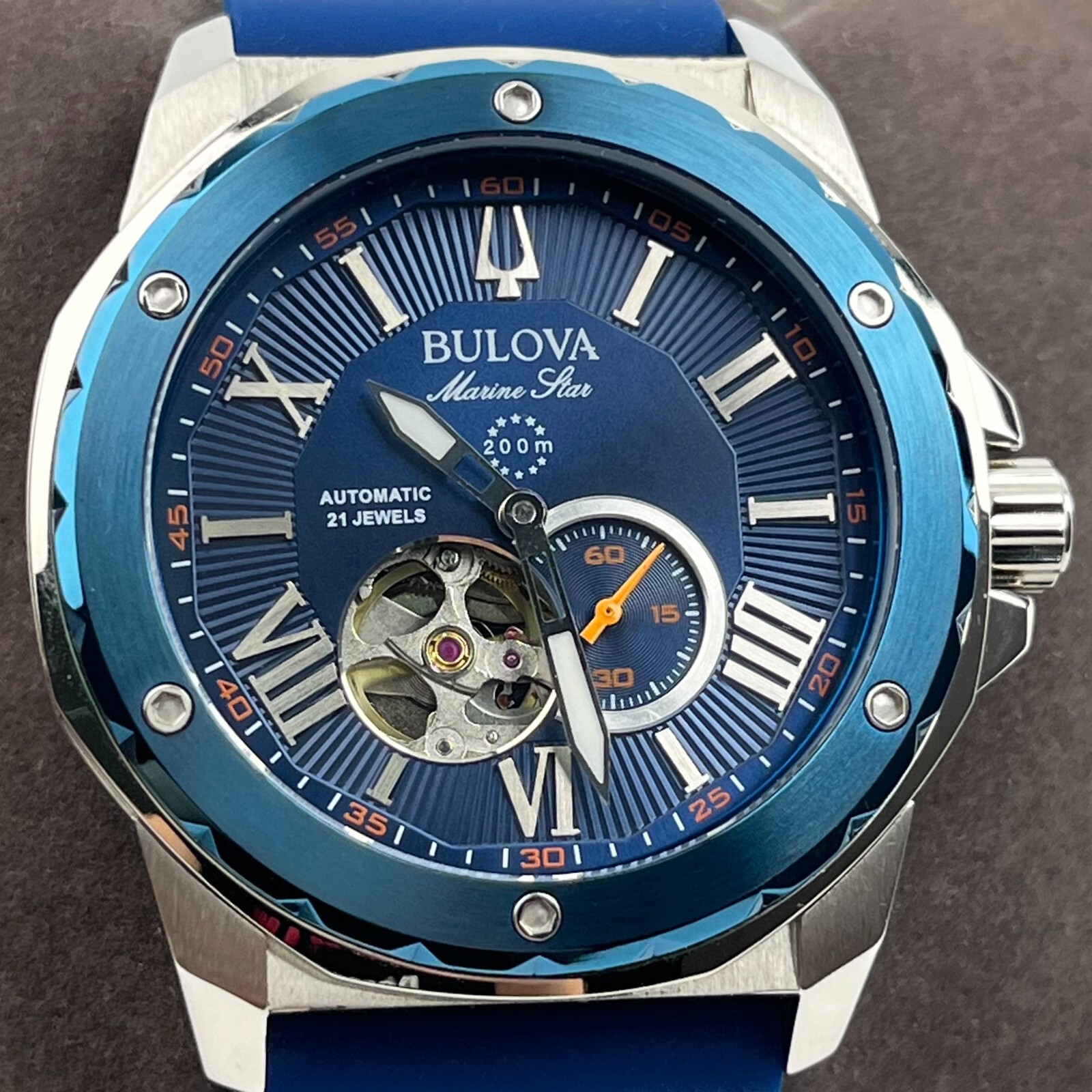 Bulova Marine Star Automatic 45mm Blue Dial Blue Rubber Strap Men’s Watch 98A303