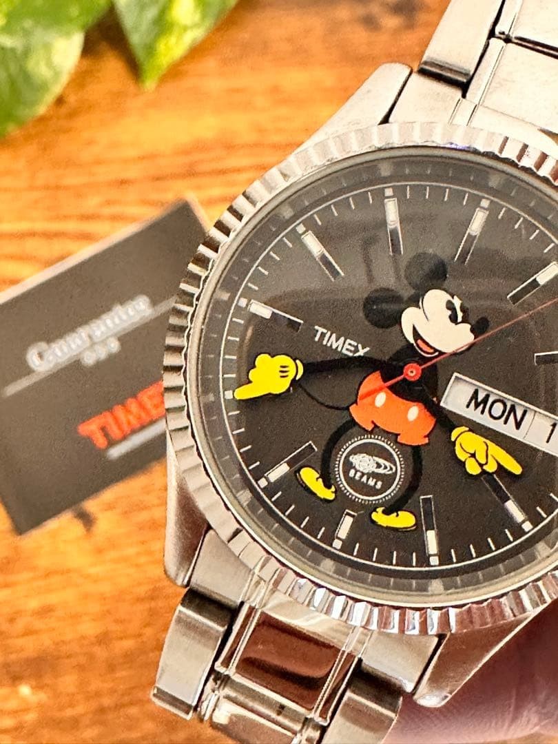 BEAMS × TIMEX Mickey Mouse Wristwatch Black/Silver Anime Manga from Japan Used