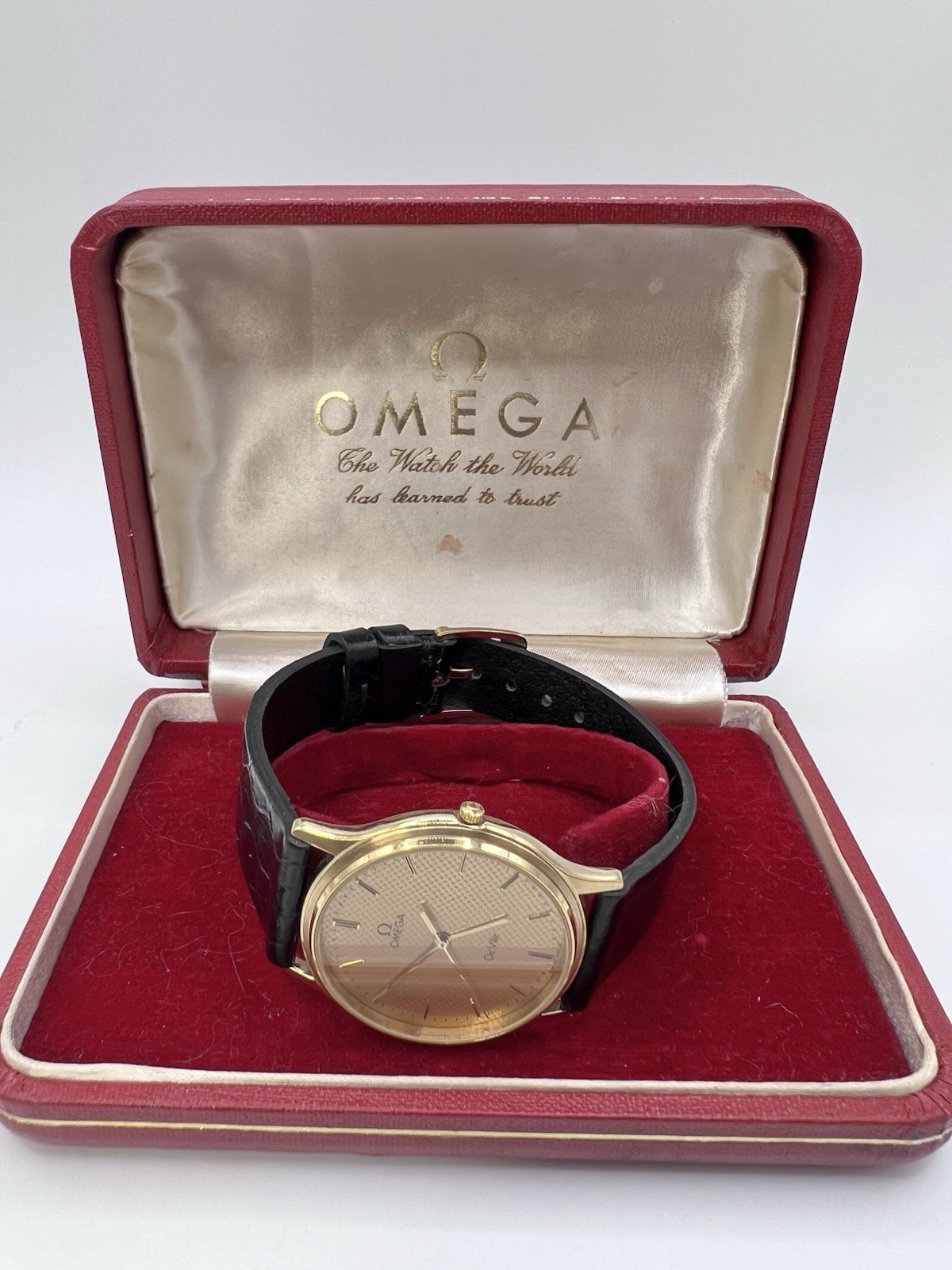 Vintage Rare Thin Omega Deville Gold Plated Guilloché Dial Men’s Watch With Box