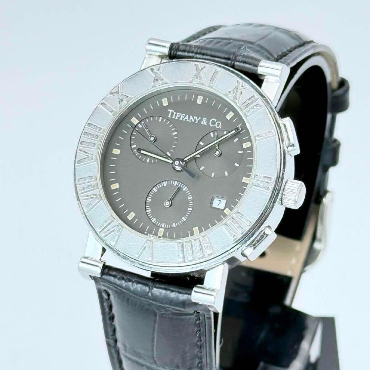[B1Y] Tiffany & Co. Atlas Chronograph Gray Roman Dial Leather Quartz Watch [g4z]