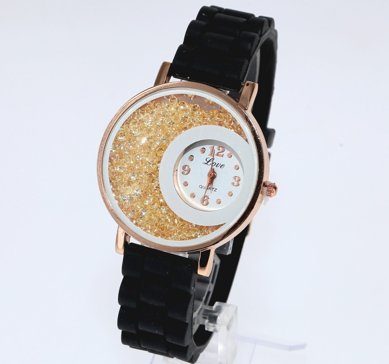 LOVE Women’s Watch Floating Stones Rose Gold Black Silicone Band