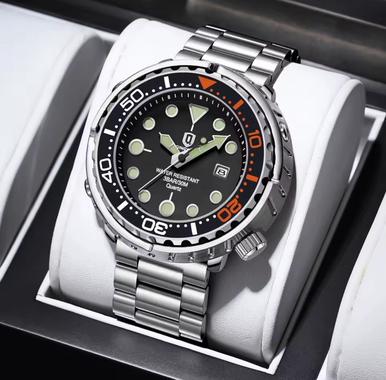 44MM QINGXIYA Tuna Quartz Mens Watch Stainless Steel 30M Waterproof Luminous NEW