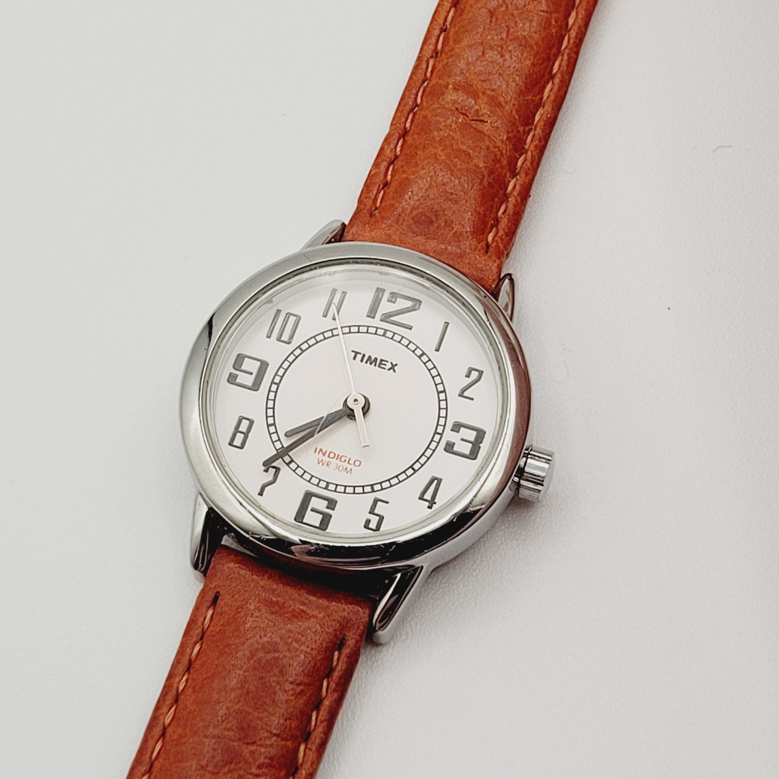 Ladies Timex Orange Indiglo Watch Light Brown Leather Band T2G131 Silver Tone