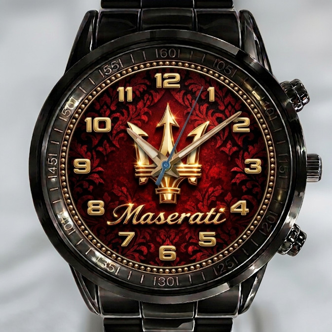 Maserati Logo Black Stainless Steel Watch Sports Car Enthusiast Gift for Men