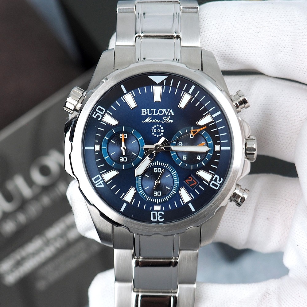 Bulova Men’s Marine Star 96B256 Blue Dial Stainless Strap Quartz Watch 44 mm