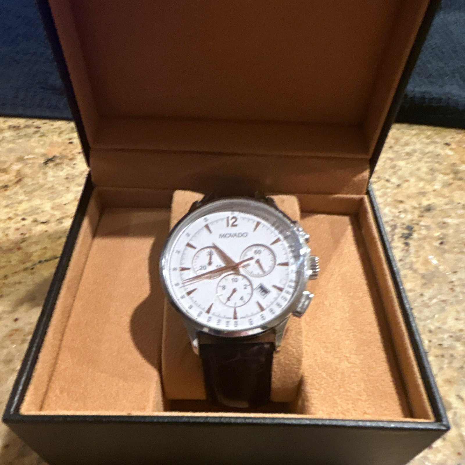 Movado Circa Quartz Chronograph Date White Dial Brown Leather Strap Box
