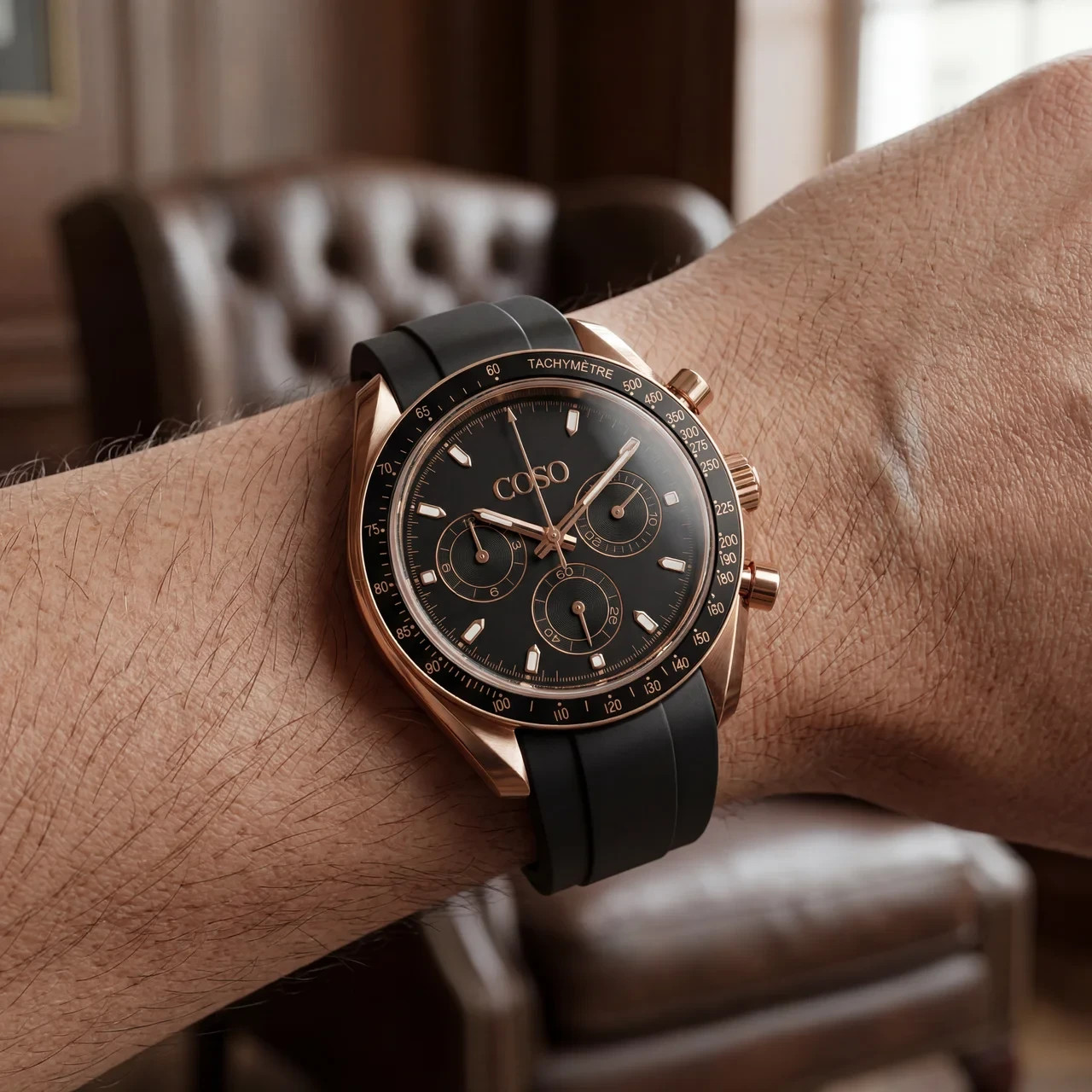 COSO Torvex Chronograph Black Dial Rose Gold Accents Black Bezel Black Strap