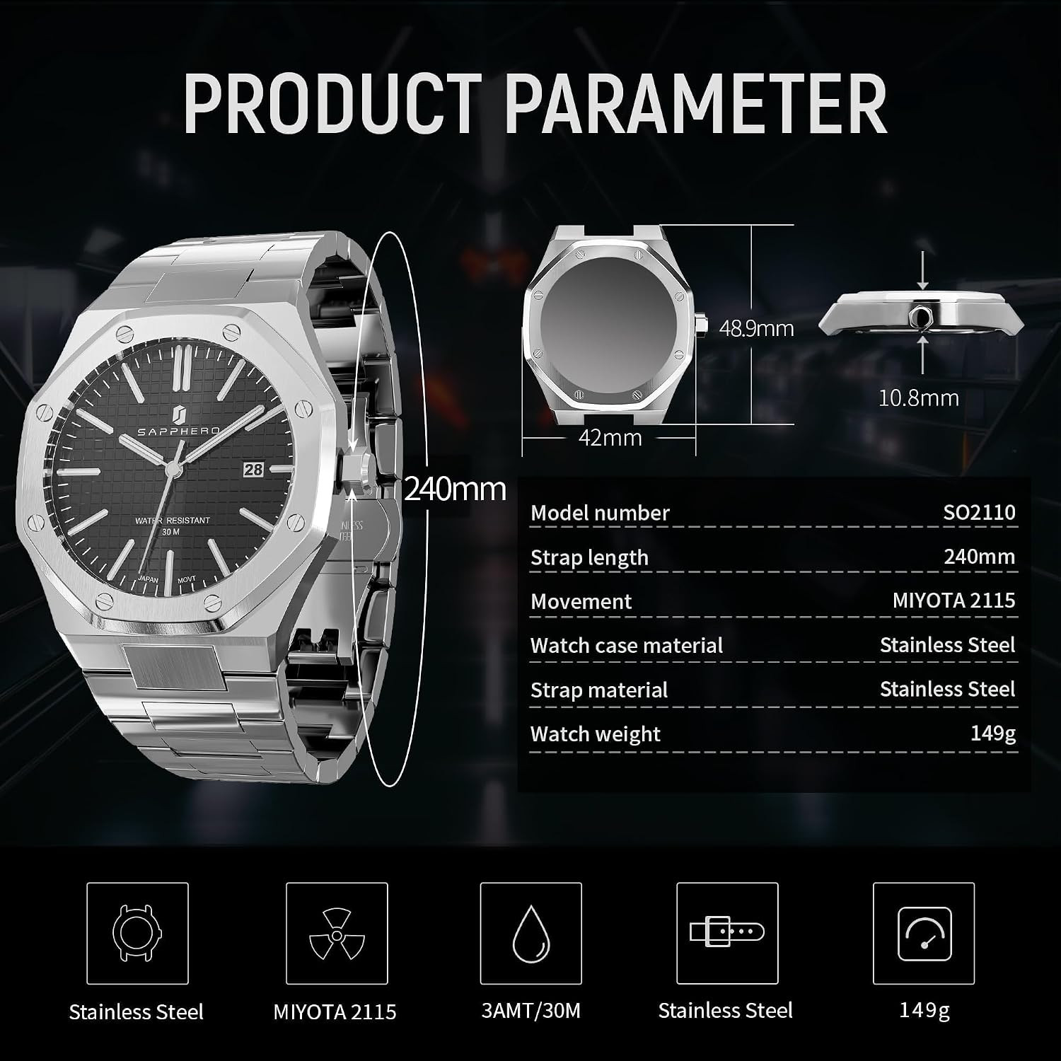 Men’s Octagonal Quartz Watch Stainless Steel 50M Waterproof Luminous Date
