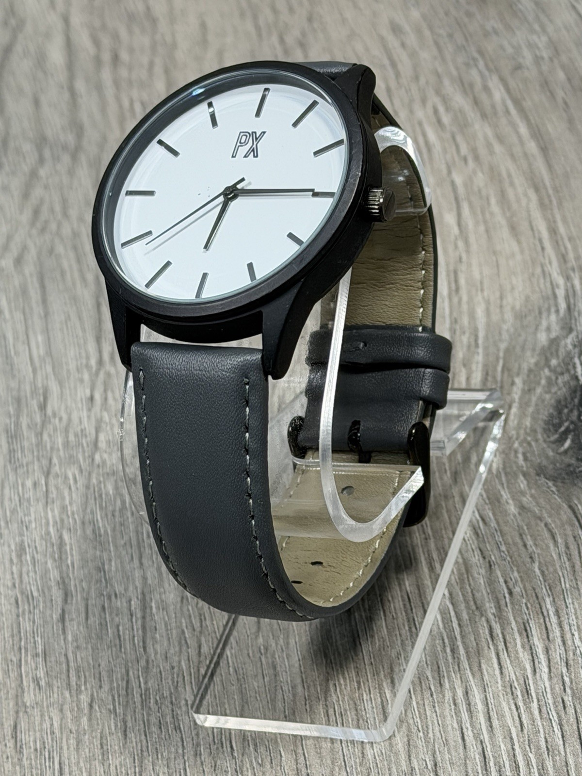 PX Men’s Minimalist Quartz Watch White Dial Black Case Gray Leather Strap 43mm
