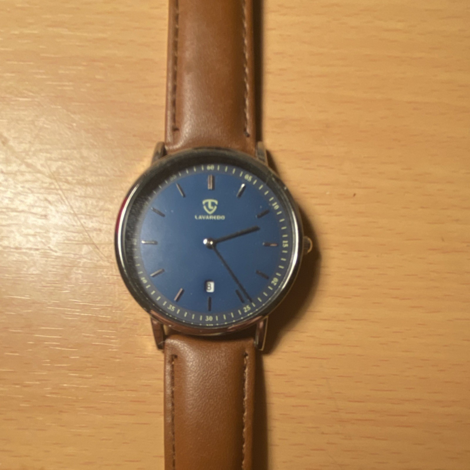 Lavaredo Quartz Wristwatch Blue Dial Brown Leather Band Stainless Steel Date
