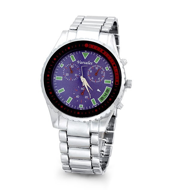 New Mens Black Red Bezel Blue Dial Silver Link Band Quartz Bracelet Watch
