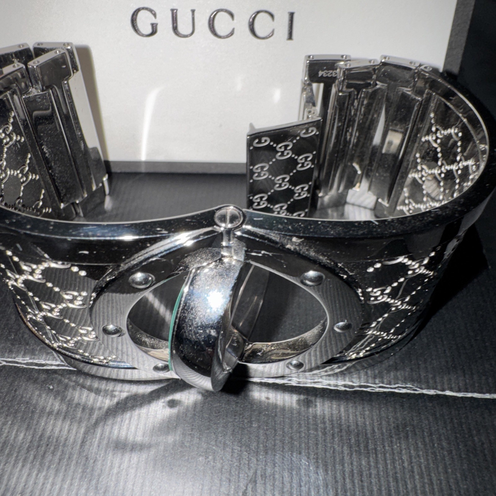 Gucci Twirl GG Brown Dial Silver Bangle Watch YA112401