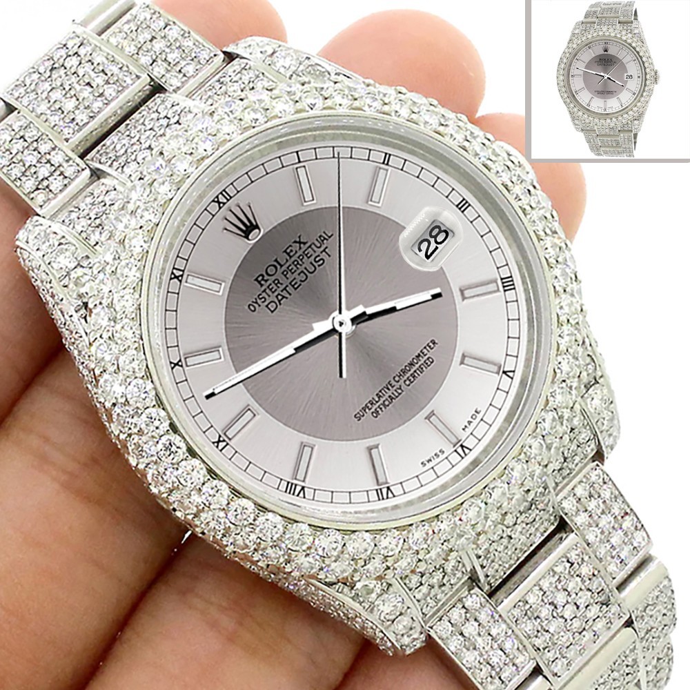 Rolex Datejust 36mm Pave 16.9CT Diamond Watch Silver Tuxedo Dial Box Papers