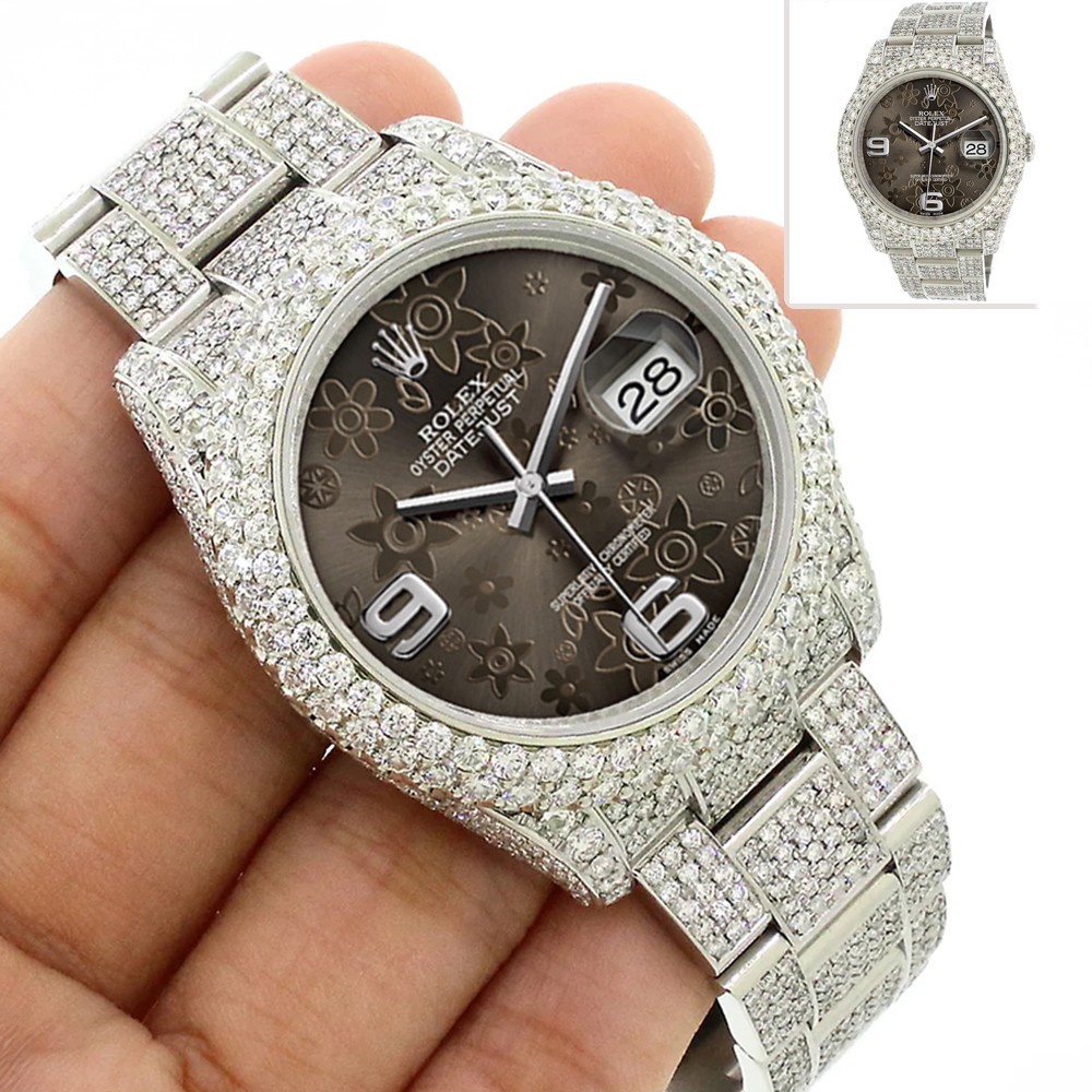 Rolex Datejust 36mm Pave 16.9CT Diamond Watch Rhodium Floral Dial Box Papers