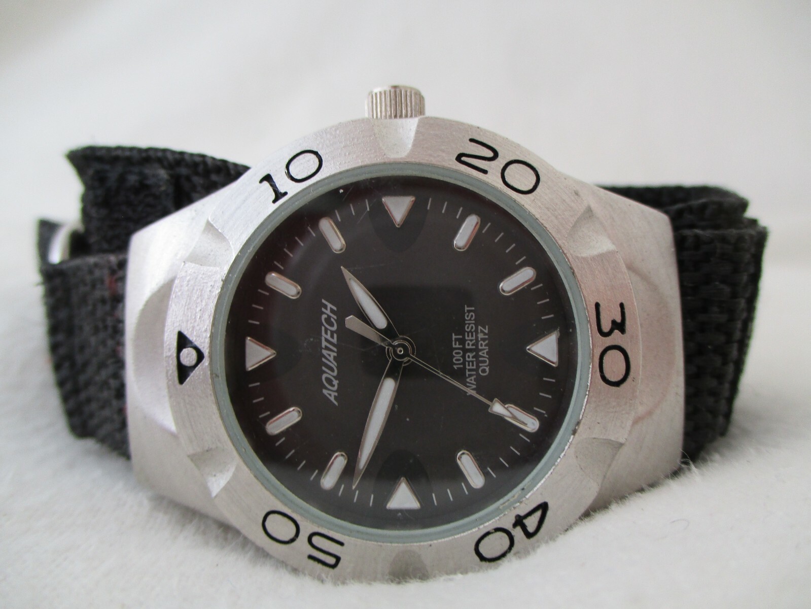 Aquatech Watch Black Hook & Loop Band Round Face Silver Toned WR 100FT