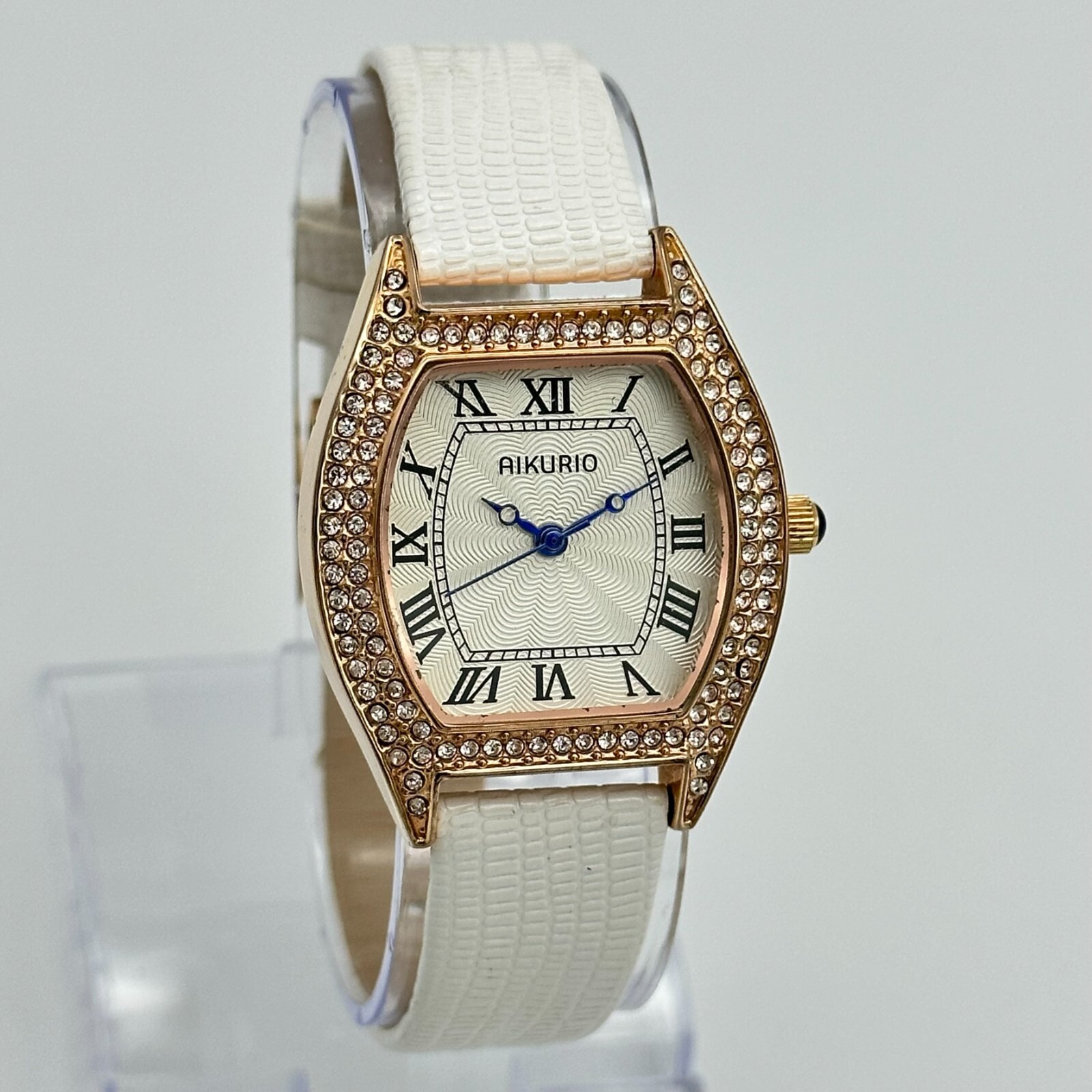 Women’s AIKURIO Time Concepts Rose Gold Tone Crystal Accent Watch, White Leather
