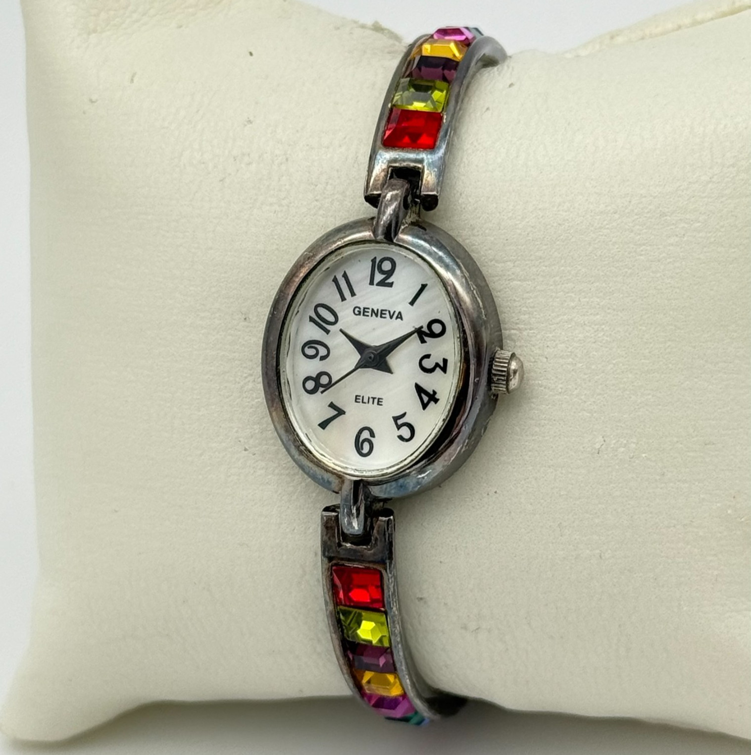 Women’s GENEVA Elite Silver Tone Petite Oval Bracelet Watch, Multicolor Accents