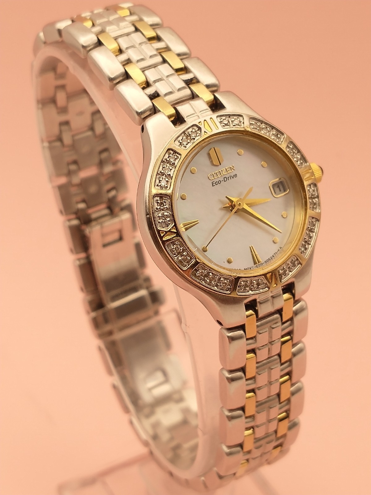 CITIZEN ECODRIVE Watch, Diamond Bezel, Motherof Pearl Dial, 2-tone, 7 1/4″, E011