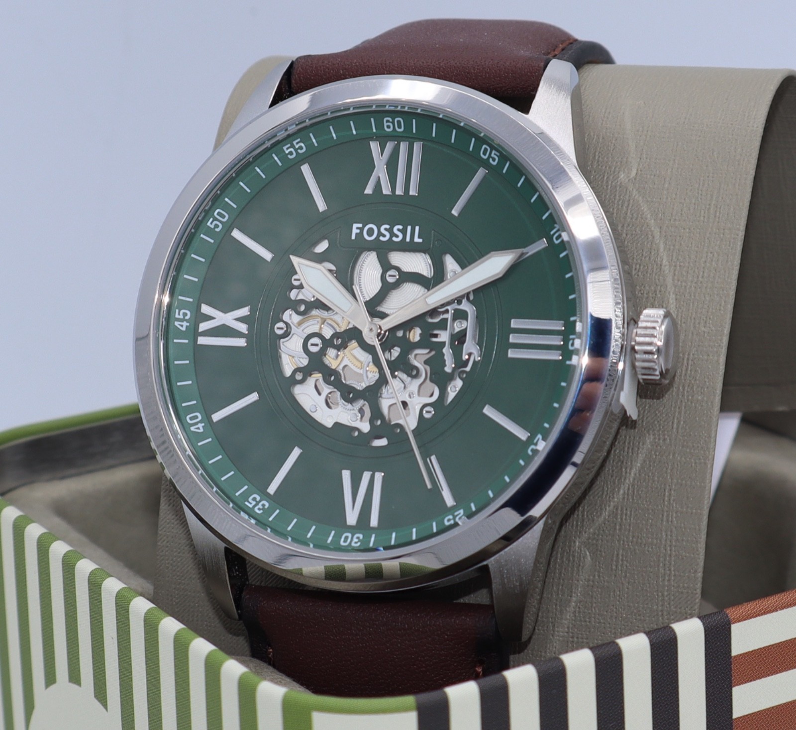 Fossil Flynn Silver Green Brown Leather Skeleton BQM7129 Men Watch
