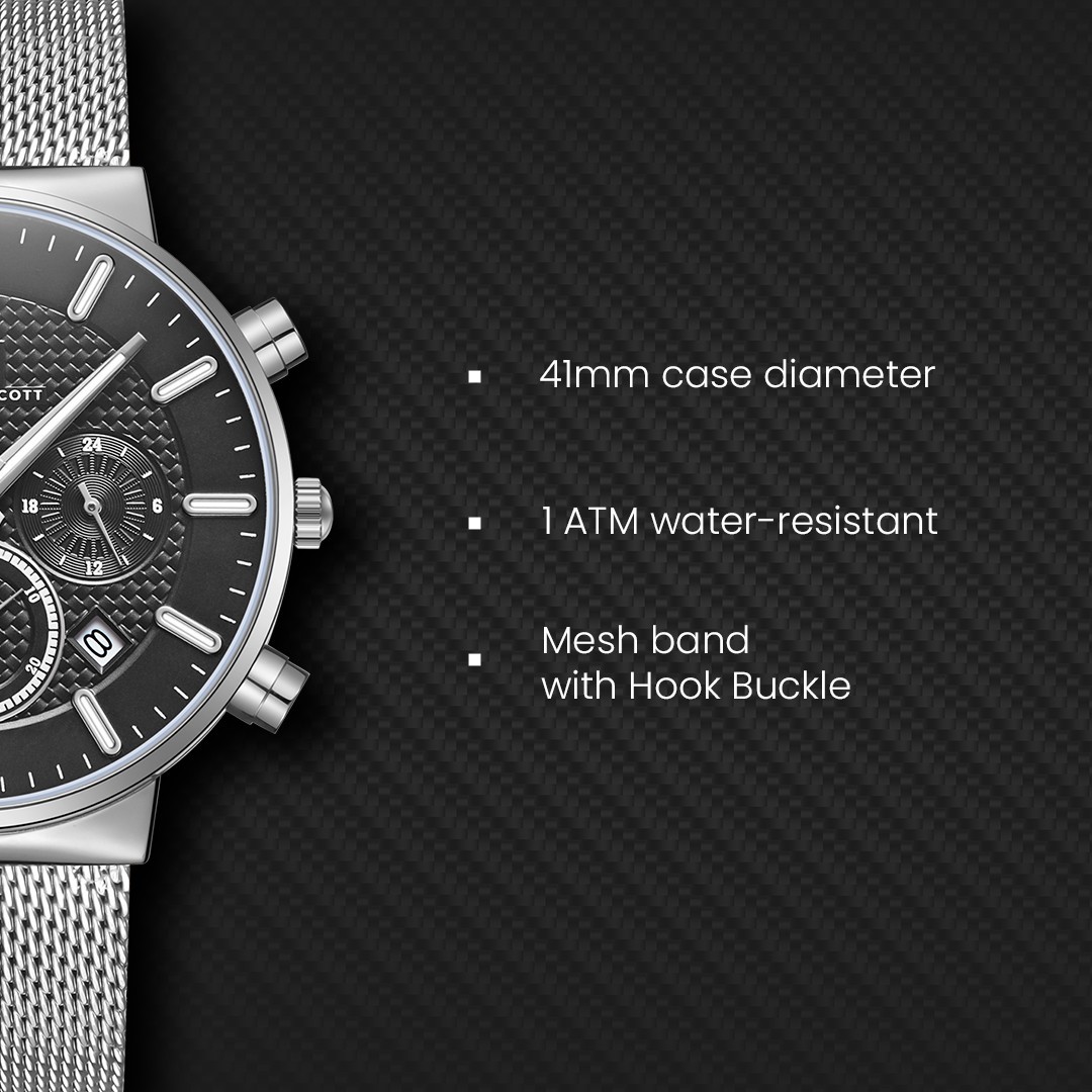 Kenneth Scott Men’s Multi-Function Casual Watch | Black Dial, Silver Mesh Strap